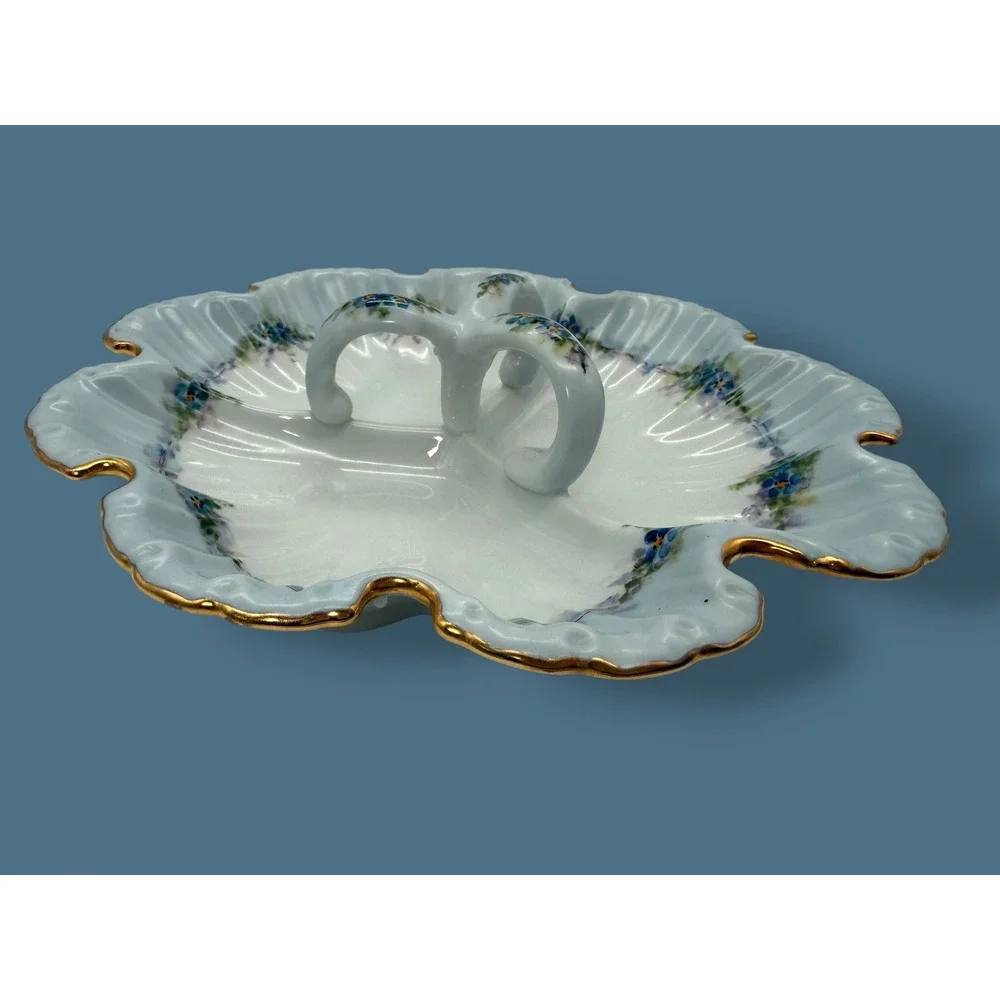 Hand Painted Floral Divided Candy Dish, Scalloped Gold Rim tray, Signed,1982